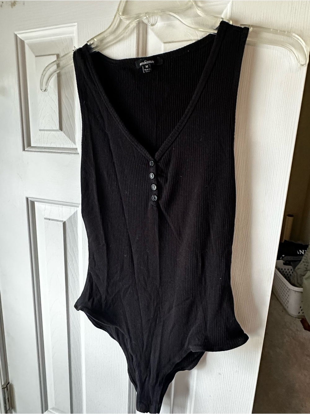 Ambiance Black Ribbed V-Neck Button-Front Bodysuit